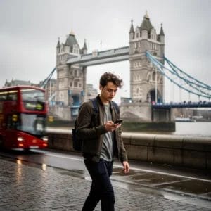Nederlandse student loopt langs de Theems in Londen met Tower Bridge op de achtergrond, betaalde stage in het buitenland